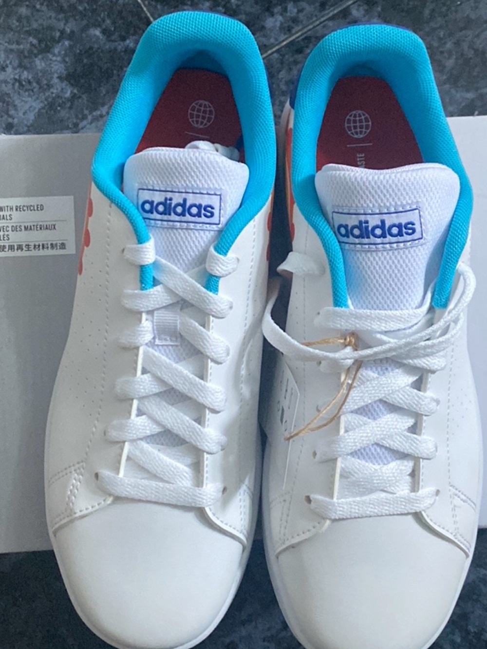 adidas White Sneakers with Turquoise Lining and Blue Logo